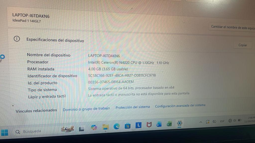Notebook Marca Lenovo Modelo Ideapad1 Procesador Celeron Memoria Ram 4 Gb Disco Duro 114 Gb Generacion 4 Acc Cargador Estuche