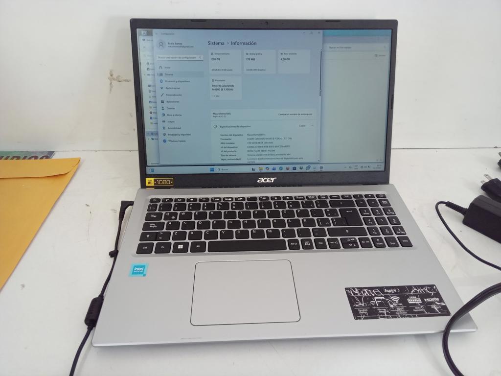 Notebook Marca Acer Modelo N20c5 Procesador Celeron Memoria Ram 4 Gb Disco Duro 237 Gb Generacion 4 Acc Con Un Cargador