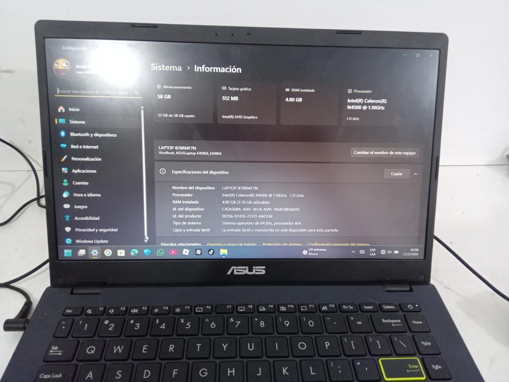 Notebook Marca Asus Modelo E410ka Procesador Celeron Memoria Ram 4 Gb Disco Duro 57 Gb Generacion 4 Acc Cargador