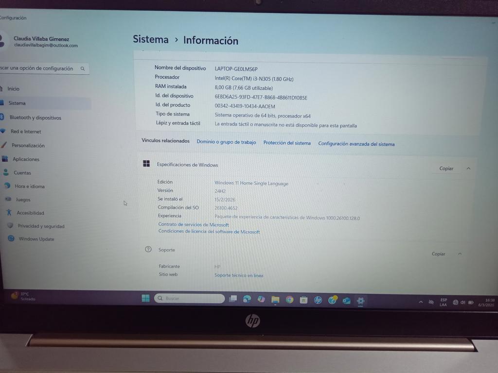 Notebook Marca Hp Modelo Hp Laptop Procesador Core I3 Memoria Ram 8 Gb Disco Duro 237 Gb Generacion No Tiene Acc No Tiene