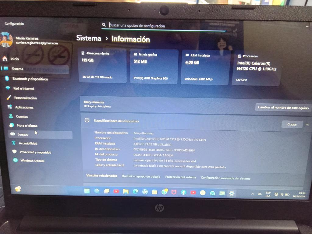 Notebook Marca Hp Modelo Hp Laptop14-Dq0xxx Procesador Intel R Celeron Memoria Ram 4 Gb Disco Duro 512 Gb Generacion No Tiene Acc Cargador
