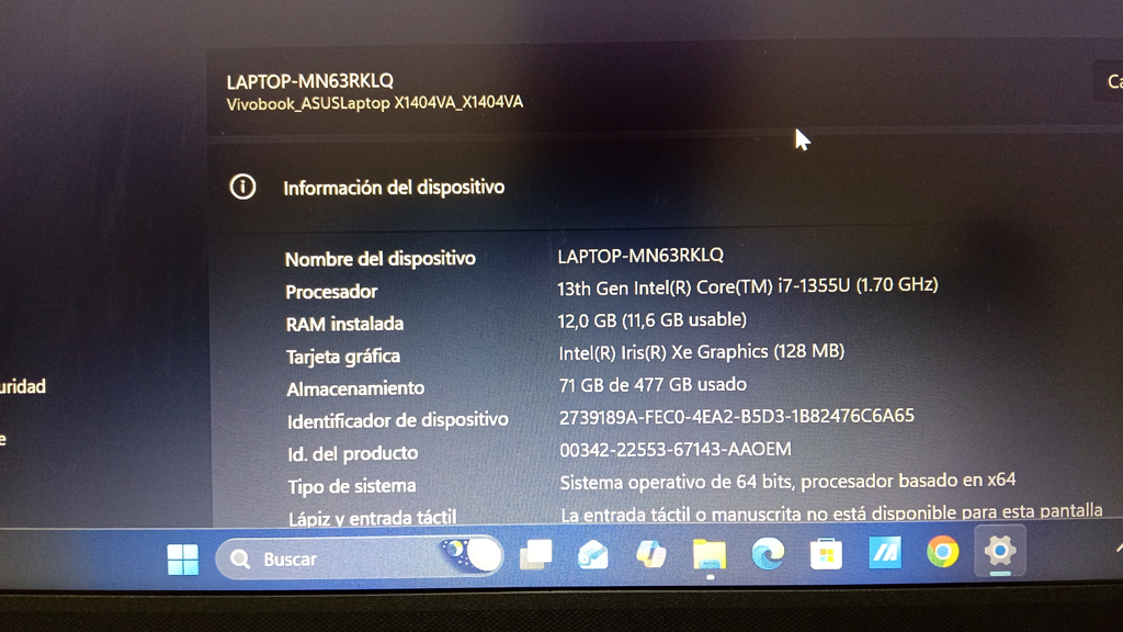 Notebook Marca Asus Modelo Laptop Procesador I7 Memoria Ram 12 Gb Disco Duro 475 Gb Generacion 13 Acc Sin