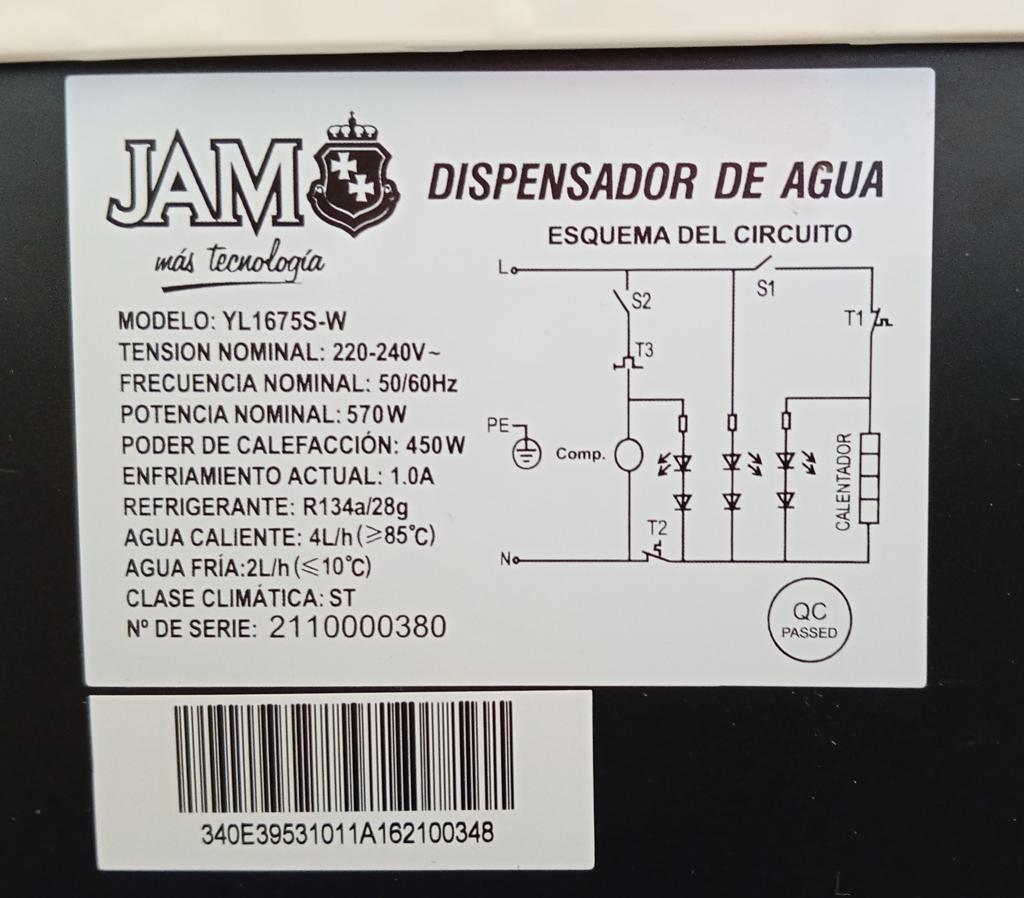 Foto 3 de Bebedero Marca Jam Modelo Yl1675s-W Usado En Buen Estado Acc C/ Agua Fria/Caliente