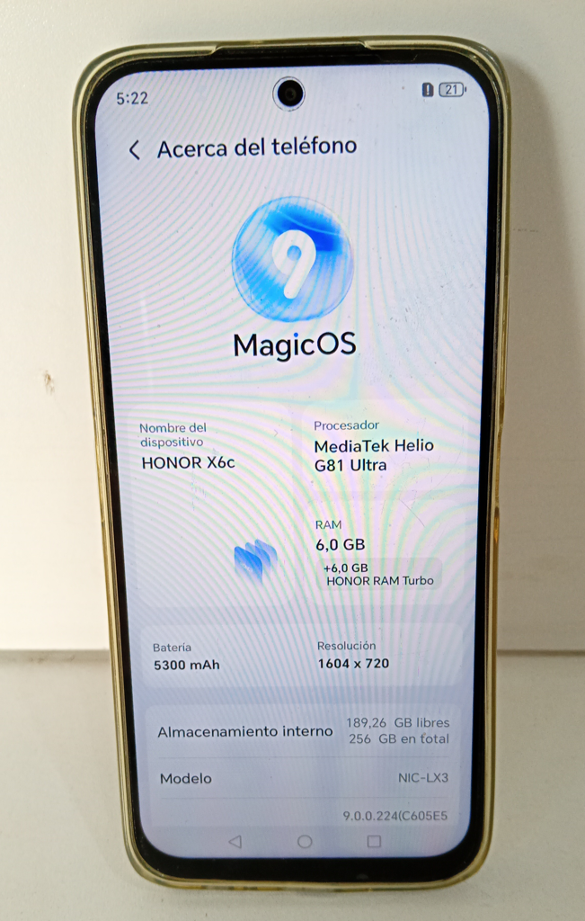 Celular Marca Honor Modelo X6c Memoria Ram 6 Gb Almacenamiento Interno 256 Gb Imei 866.464.081.362.825 Acc No Tiene