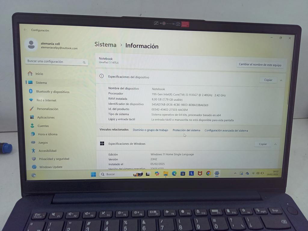 Notebook Marca Lenovo Modelo Name Idealpad Procesador I5 Inter Core I5-1135g7 Memoria Ram 8 Gb Disco Duro 237 Gb Generacion 11 Acc No Tiene