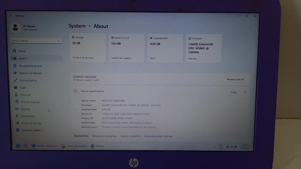 Notebook Marca Hp Modelo 11 Laptop Strean Procesador Intel Celeron N3060 Memoria Ram 4 Gb Disco Duro 29 Gb Generacion 3 Acc No Tiene