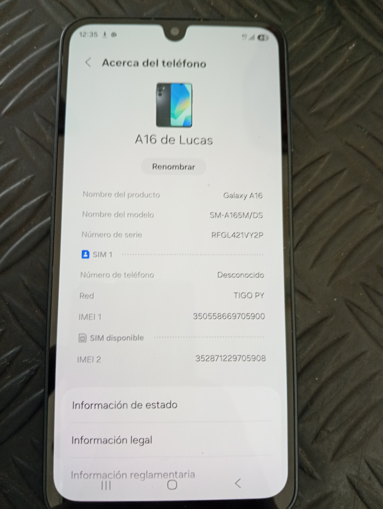 Celular Marca Samsung A16 Modelo Sm-A165m/Ds Memoria Ram 4 Gb Almacenamiento Interno 128 Gb Imei 350.558.669.705.900 Acc No Tiene