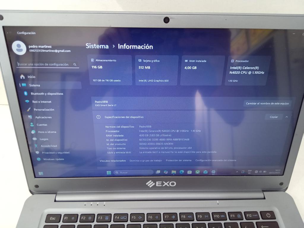 Foto 3 de Notebook Marca Exo Modelo Exo Smart Procesador Celeron Memoria Ram 4 Gb Disco Duro 116 Gb Generacion No Tiene Acc Cargador