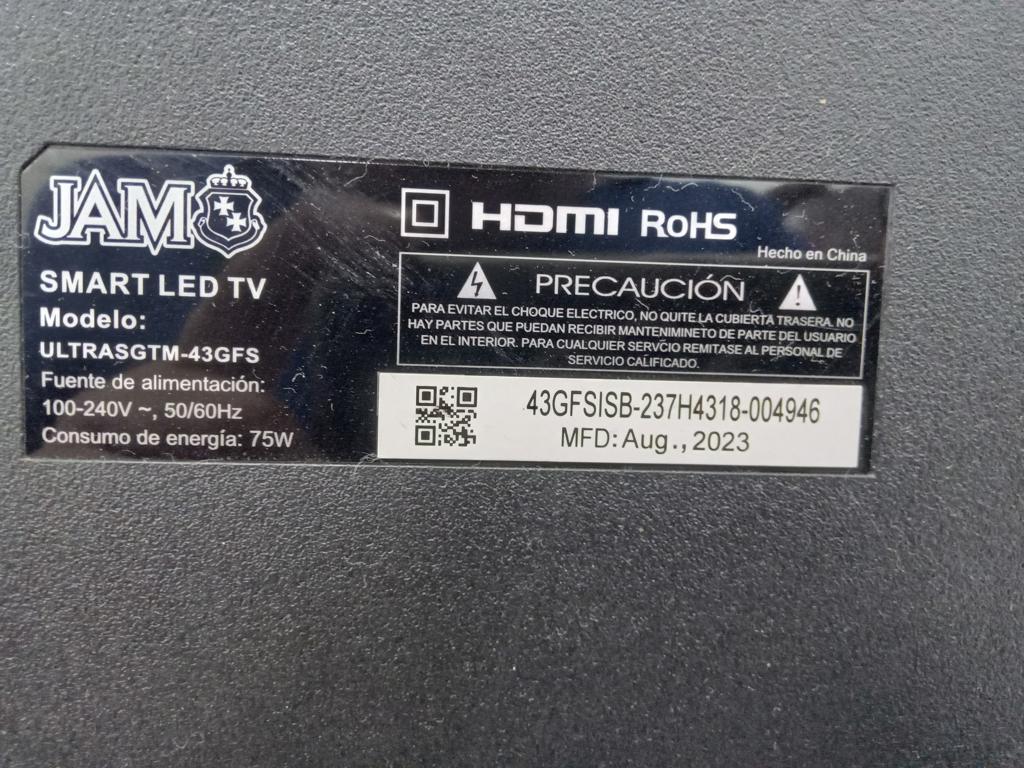 Televisor Led Smart De 43 '' Marca Jam Modelo Ultrasgtm-43gfs Con Control Usado En Buen Estado Acc Con Patitas Con Tornillos Con Control