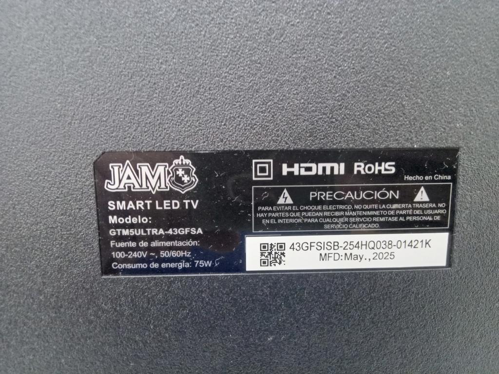 Televisor Led Smart De 43 '' Marca Jam Modelo Gtm5ultra-43gfsa Con Control Usado En Buen Estado Acc ControlPatitas Soporte