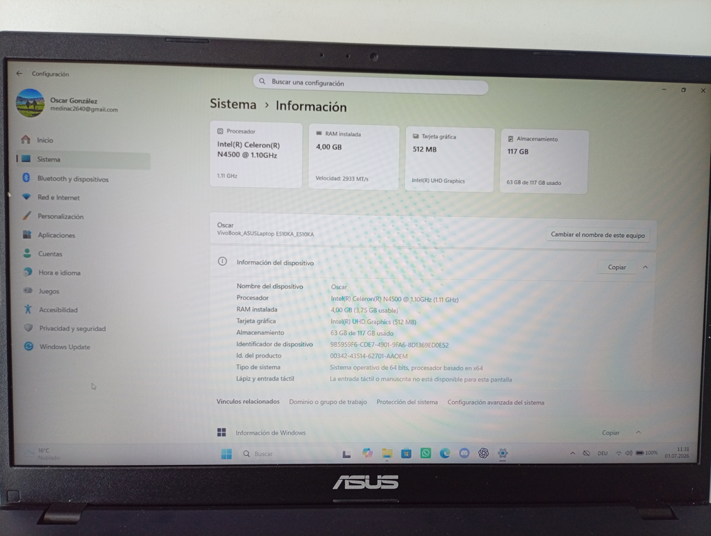 Foto 3 de Notebook Marca Asus Modelo E510 Procesador Celeron Memoria Ram 4 Gb Disco Duro 117 Gb Generacion 4 Acc Teclado Numerico