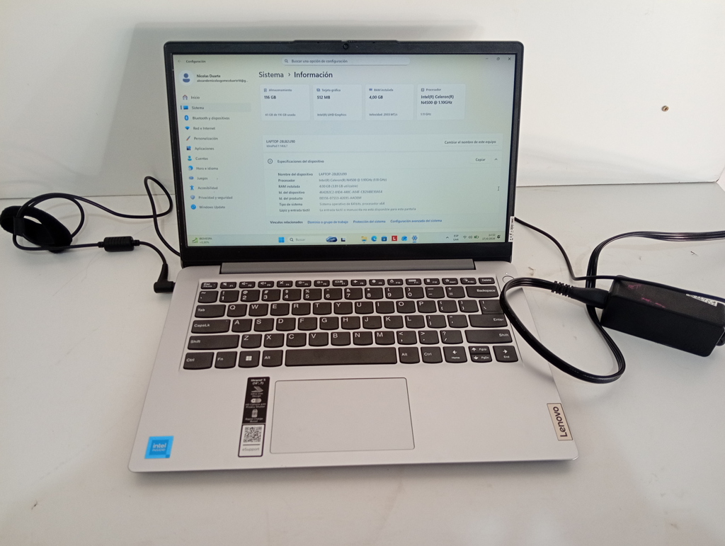 Notebook Marca Lenovo Modelo Ideadpad Procesador Celeron Memoria Ram 4 Gb Disco Duro 512 Gb Generacion 11 Acc Cargador