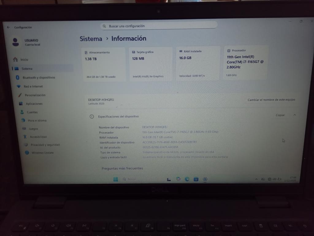 Notebook Marca Dell Modelo Desktop-H3hqfej Procesador Intel Corei7 Memoria Ram 16 Gb Disco Duro 1 Gb Generacion 11 Acc CargadorTarjeta Grafica De 128mb