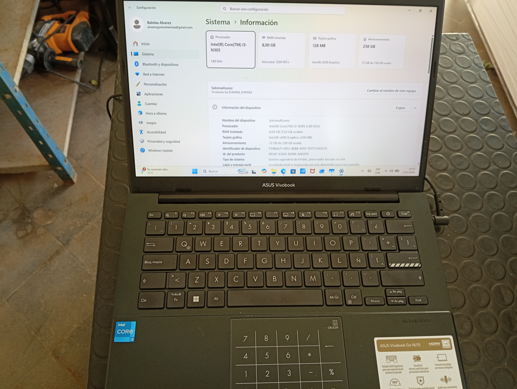 Notebook Marca Asus Modelo Vivobook Go14/15 Procesador I3 Memoria Ram 8 Gb Disco Duro 256 Gb Generacion No Tiene Acc I3 N305Memoria SsdW11