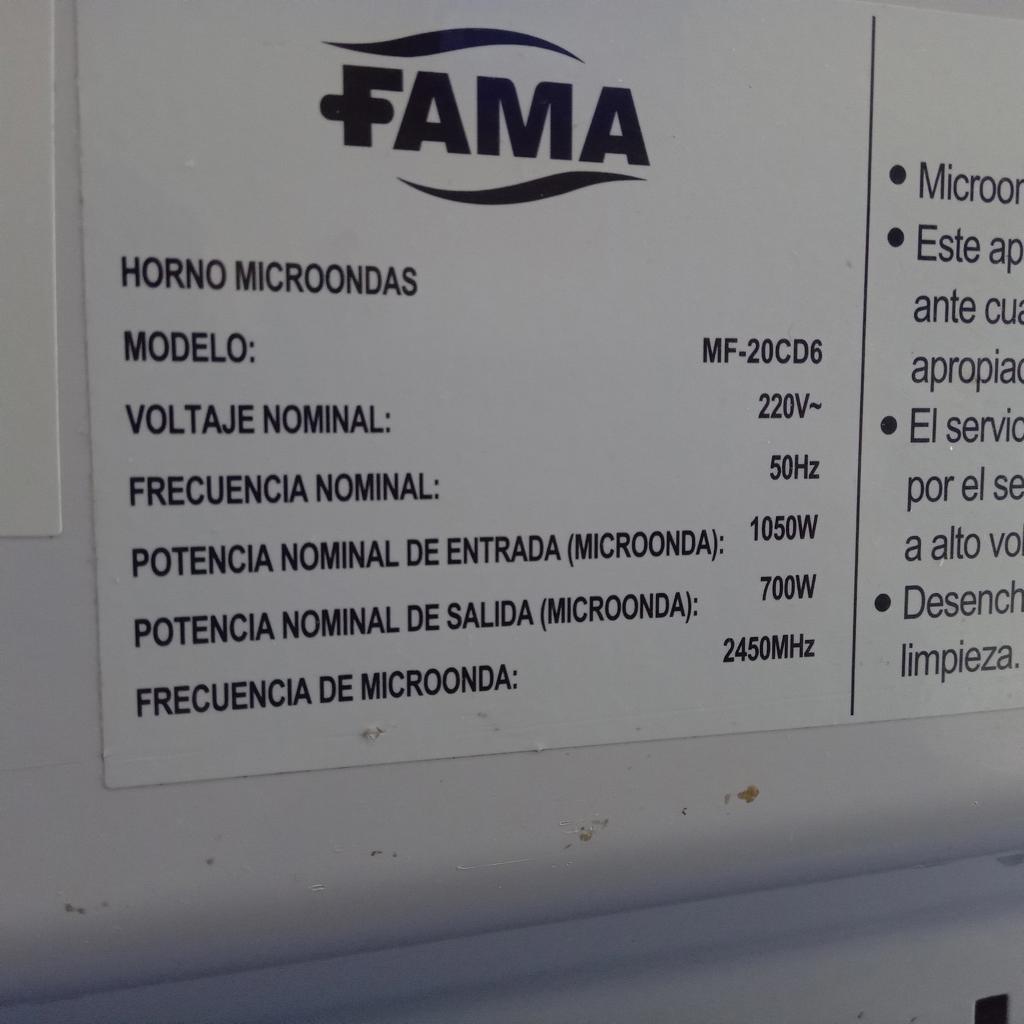Foto 2 de Microondas Marca Fama Modelo Mf-20cd6 Usado En Buen Estado Acc Plato