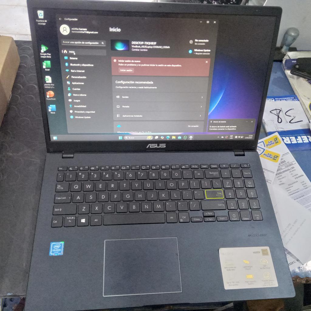 Notebook Marca Asus Modelo E510 Procesador Celeron N4020 Memoria Ram 4 Gb Disco Duro 115 Gb Generacion No Tiene Acc CargadorUn Mouse