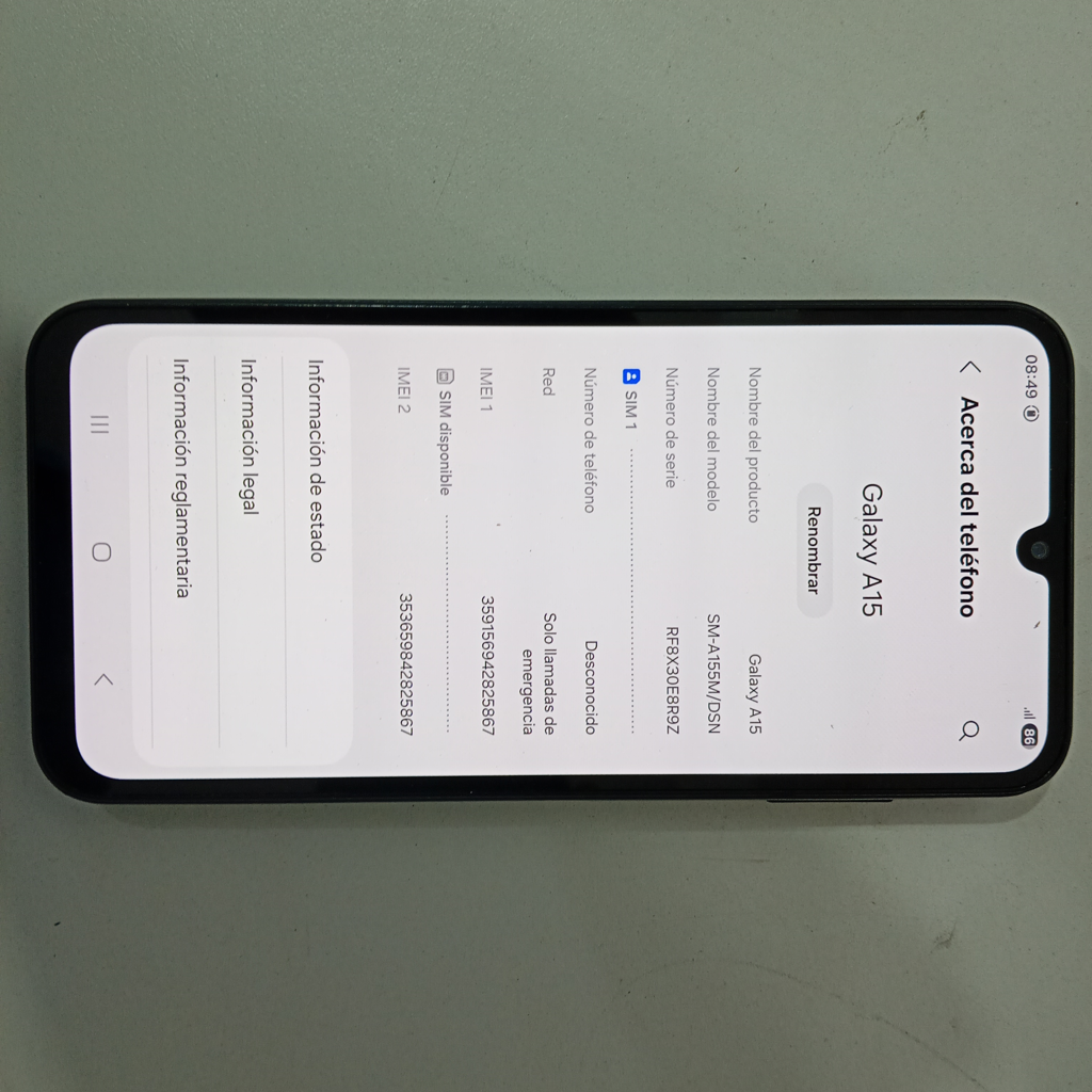 Celular Marca Samsung Modelo A15 Memoria Ram 4 Gb Almacenamiento Interno 128 Gb Imei 359.156.942.825.867 Acc No Tiene