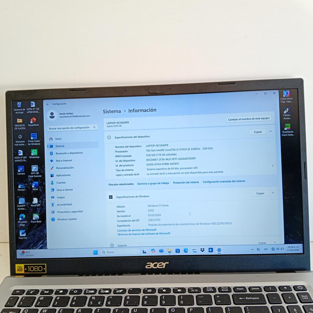 Notebook Marca Acer Modelo A3155350lc Procesador I3 Memoria Ram 8 Gb Disco Duro 250 Gb Generacion 11 Acc Caja