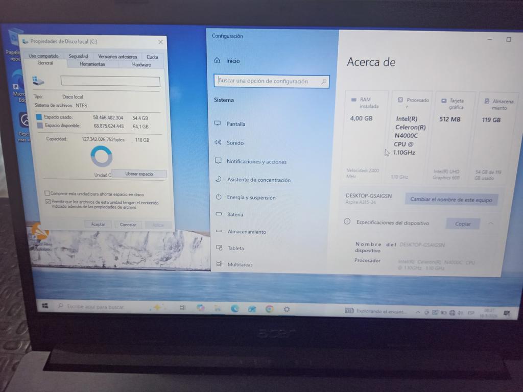 Notebook Marca Acer Modelo No Tiene Procesador Intel Celeron N4000c Memoria Ram 4 Gb Disco Duro 120 Gb Generacion No Tiene Acc No Tiene