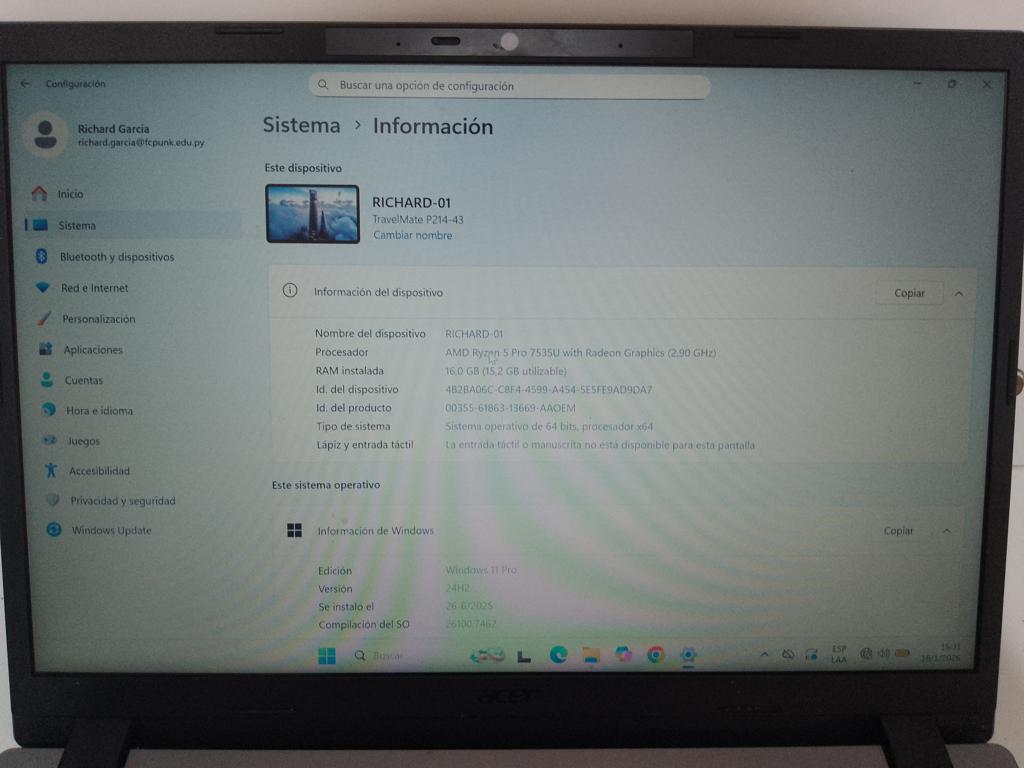 Notebook Marca Acer Modelo Travelmatep2 Procesador Amd Ryzen 5 Pro Memoria Ram 16 Gb Disco Duro 475 Gb Generacion 7 Acc Cargador Original