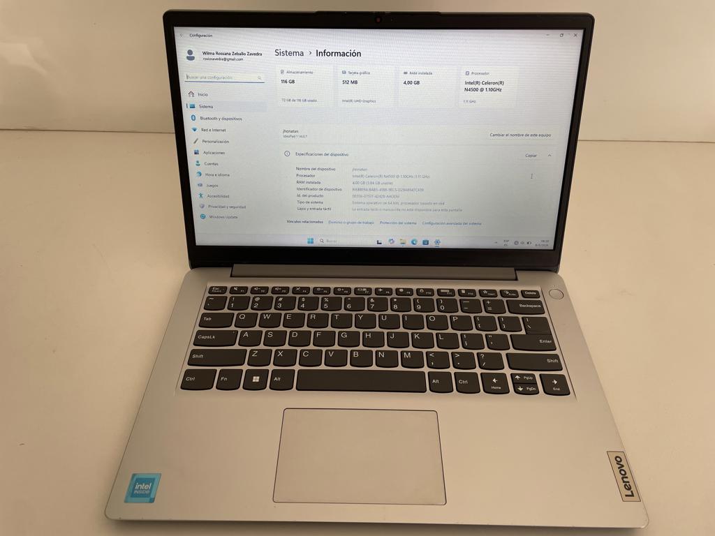 Notebook Marca Lenovo Modelo Ideapad1 Procesador Celeron Memoria Ram 4 Gb Disco Duro 116 Gb Generacion 4 Acc Cargador Original